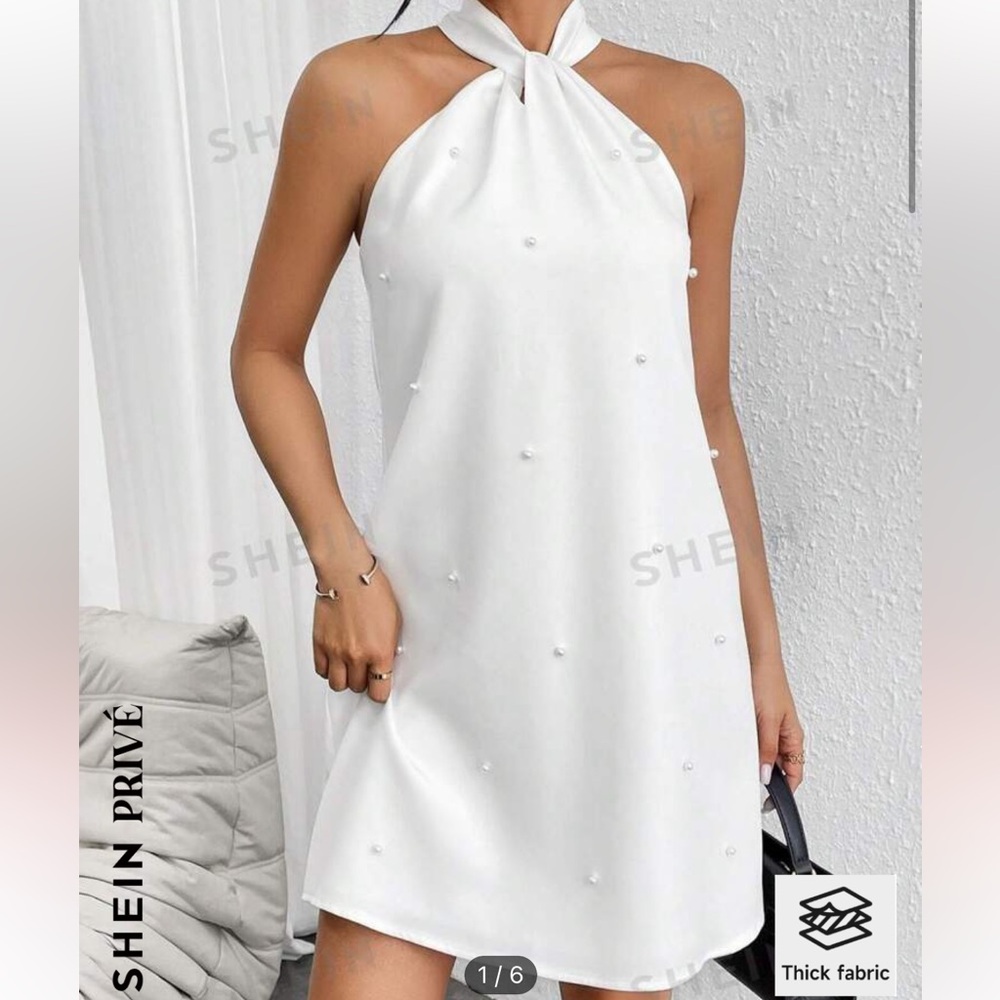 White Pearl-Accent Sleeveless Mini Dress